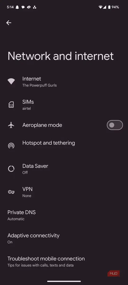 منوی تنظیمات شبکه و اینترنت در Android