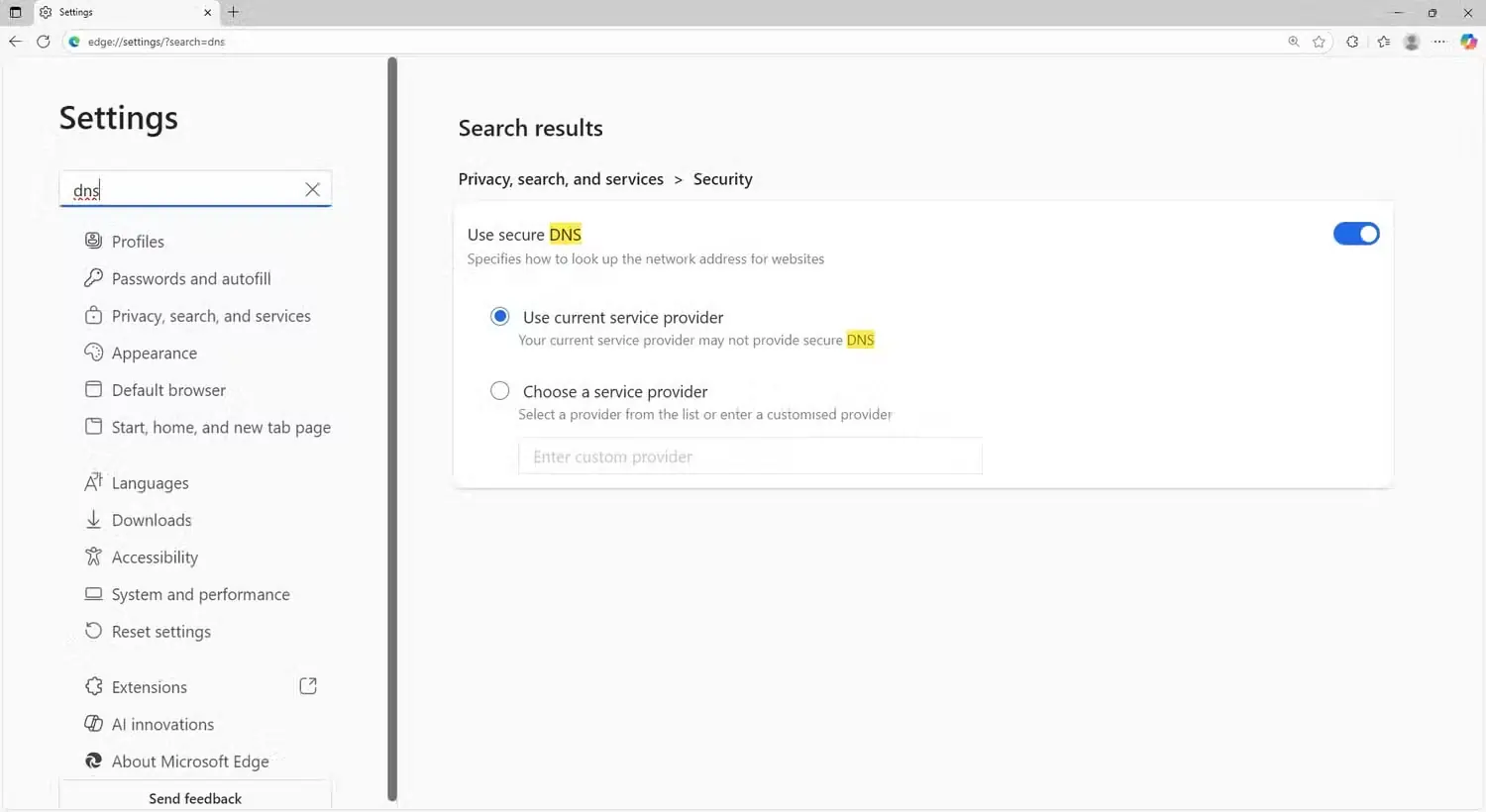 تنظیمات فعالسازی DNS روی HTTPS در Microsoft Edge