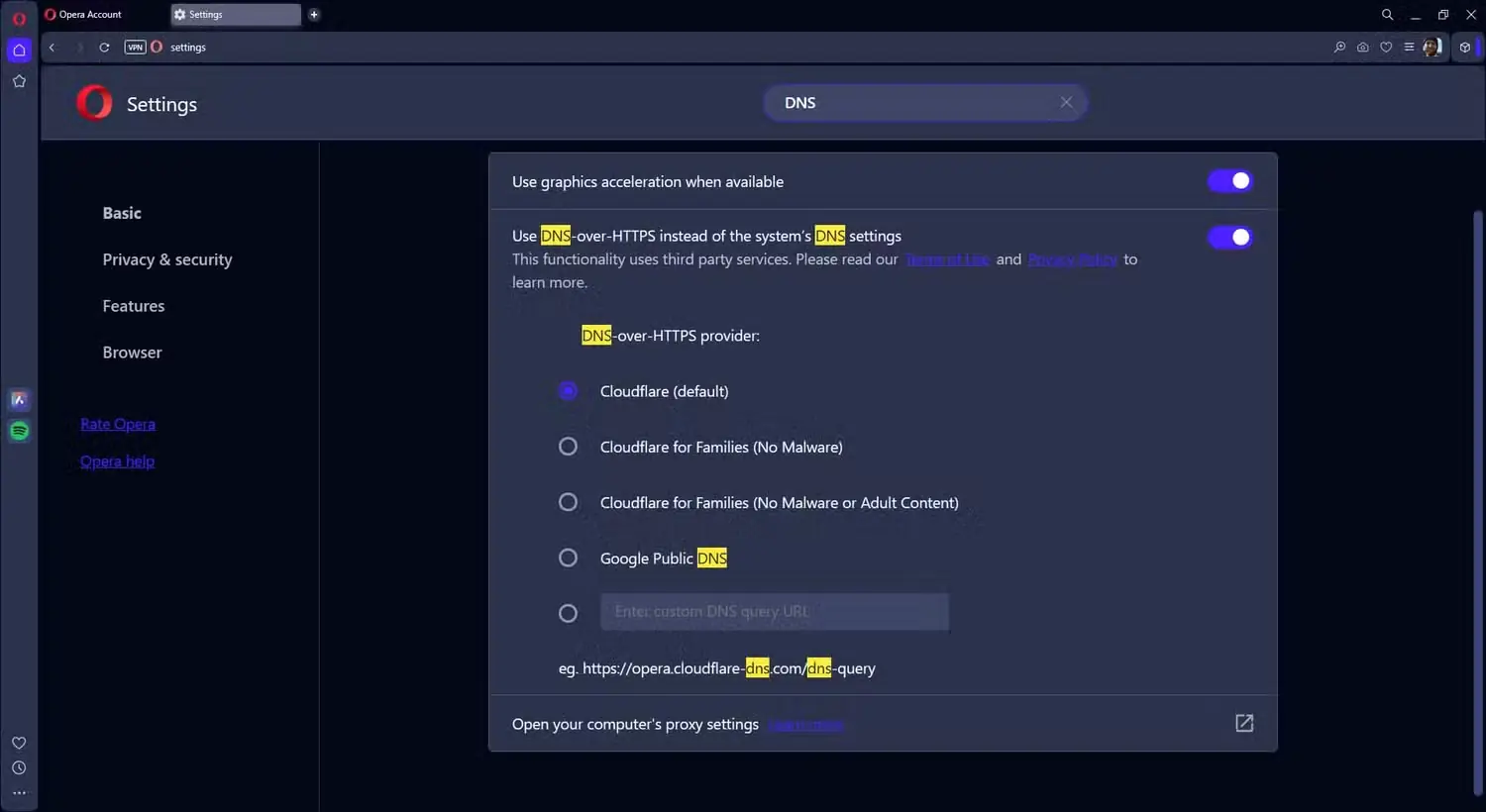 تنظیمات فعالسازی DNS روی HTTPS در مرورگر Opera