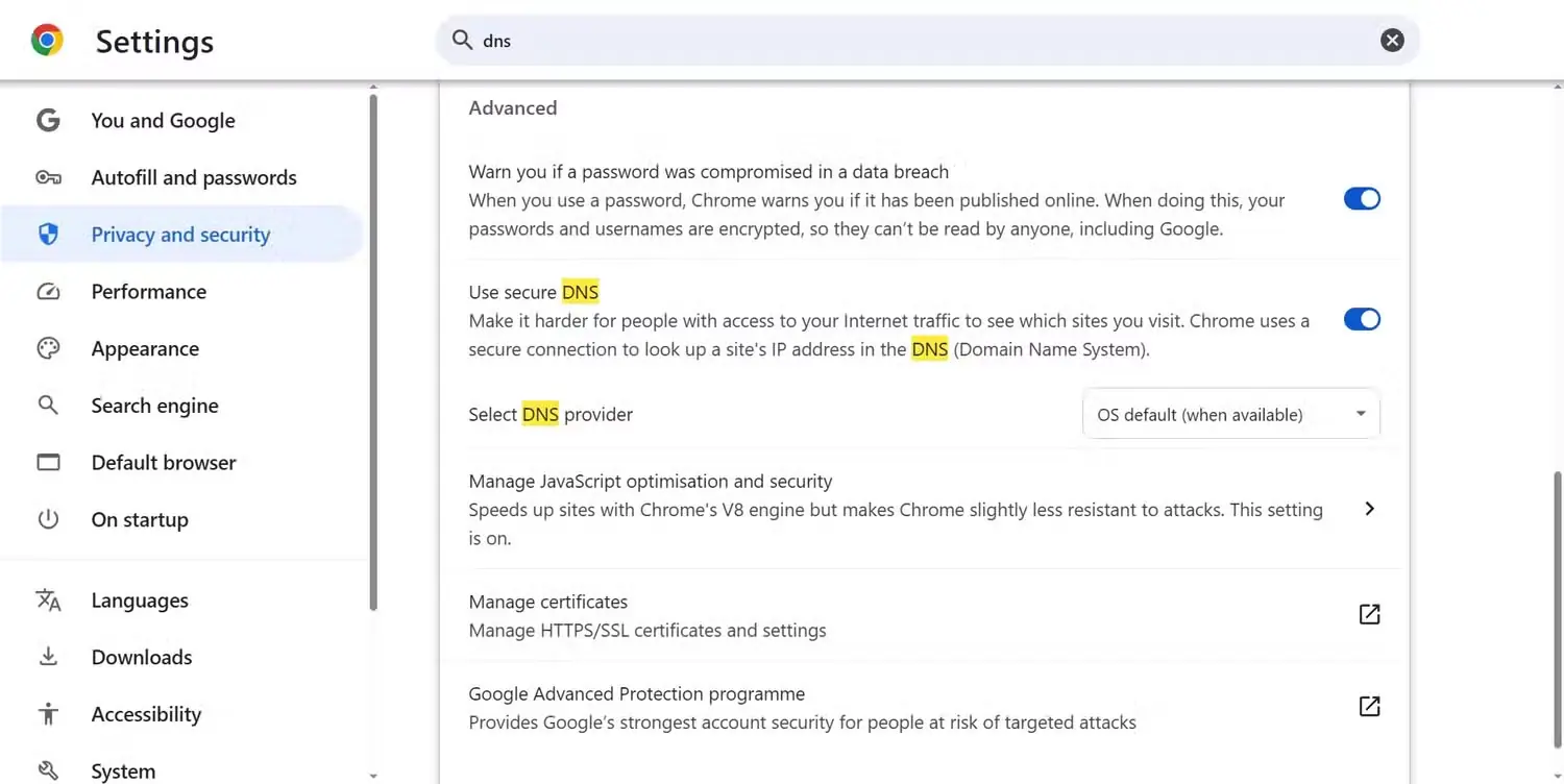 تنظیمات فعالسازی DNS روی HTTPS در Google Chrome