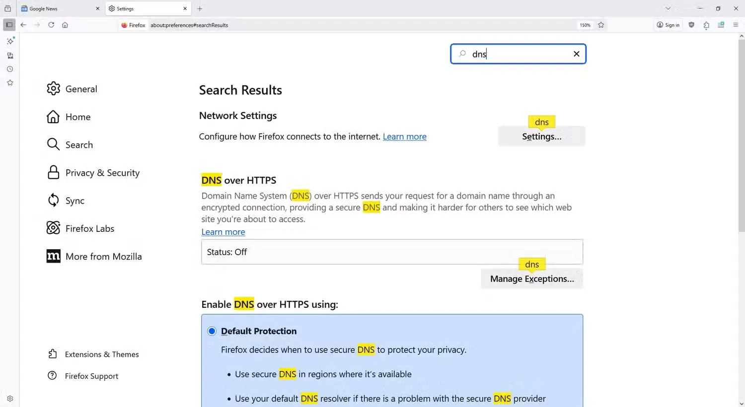 تنظیمات فعالسازی DNS روی HTTPS در مرورگر Firefox