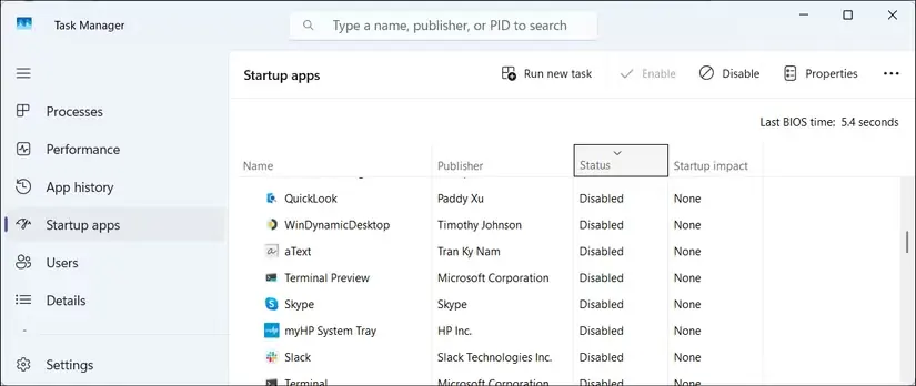 فهرست برنامههای آغازین در Task Manager ویندوز 11