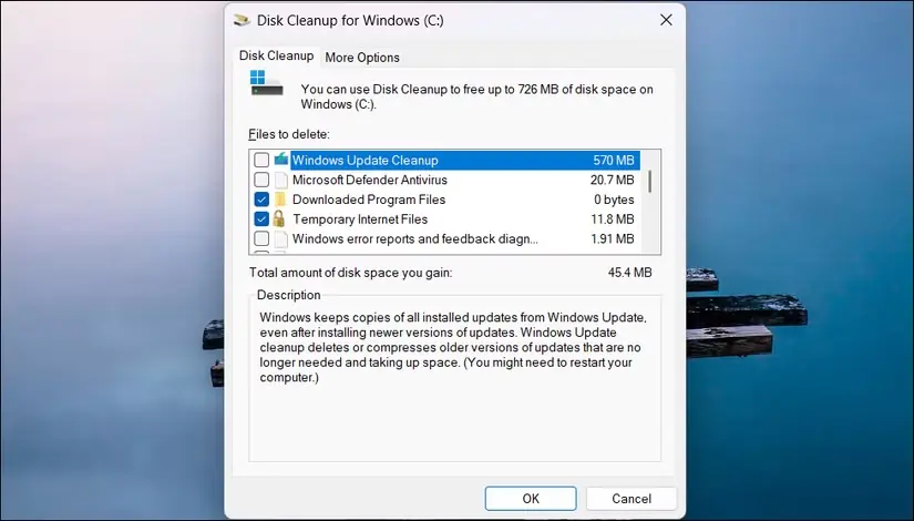میزکار ویندوز 11 هنگام اجرای ابزار Disk Cleanup