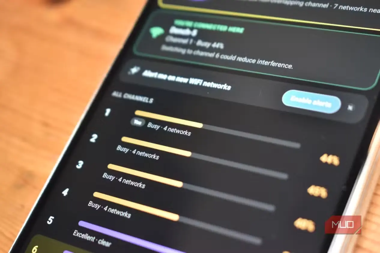 نمای برنامهٔ WiFi Analyzer روی صفحهٔ گوشی و شلوغی باند ۲٫۴ گیگاهرتز