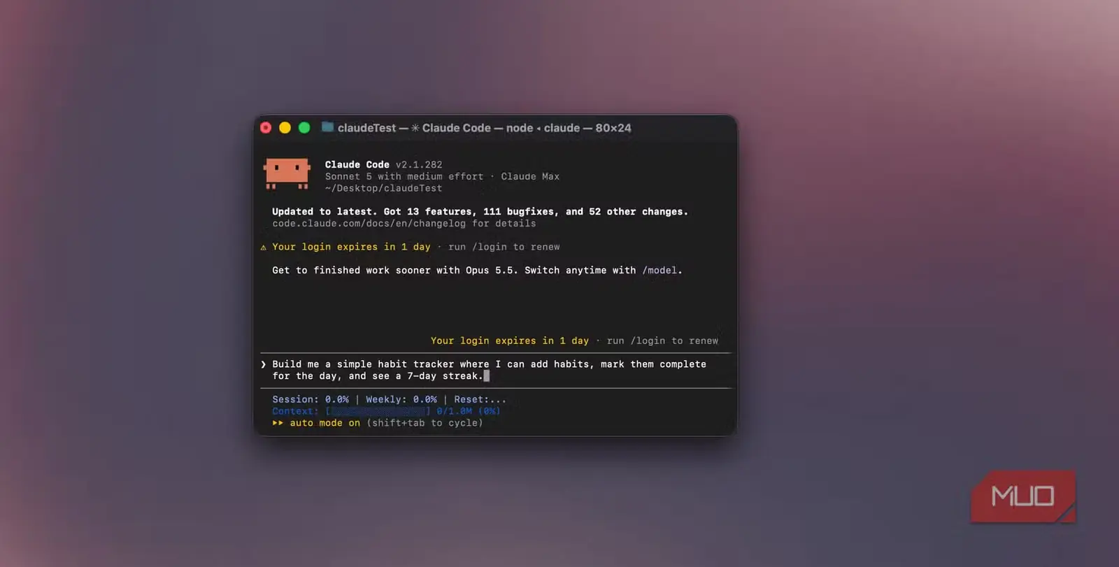 نمای پایانهٔ Claude Code پس از بهروزرسانی به v2.1.282 و وارد شدن درخواست ساخت پیگیر عادتها-1