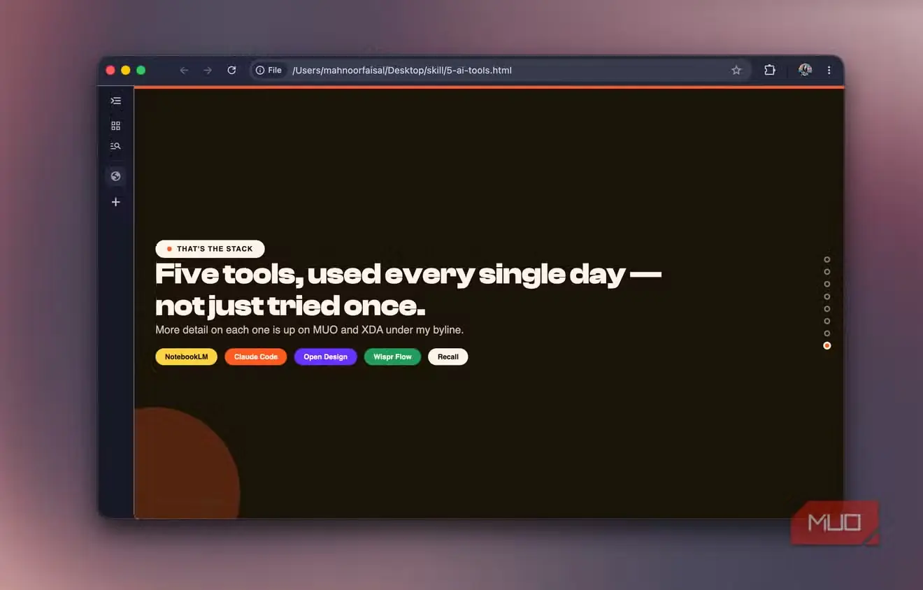 اسلاید پایانی با فهرست هر پنج ابزار NotebookLM، Claude Code، Open Design، Wispr Flow و Recall
