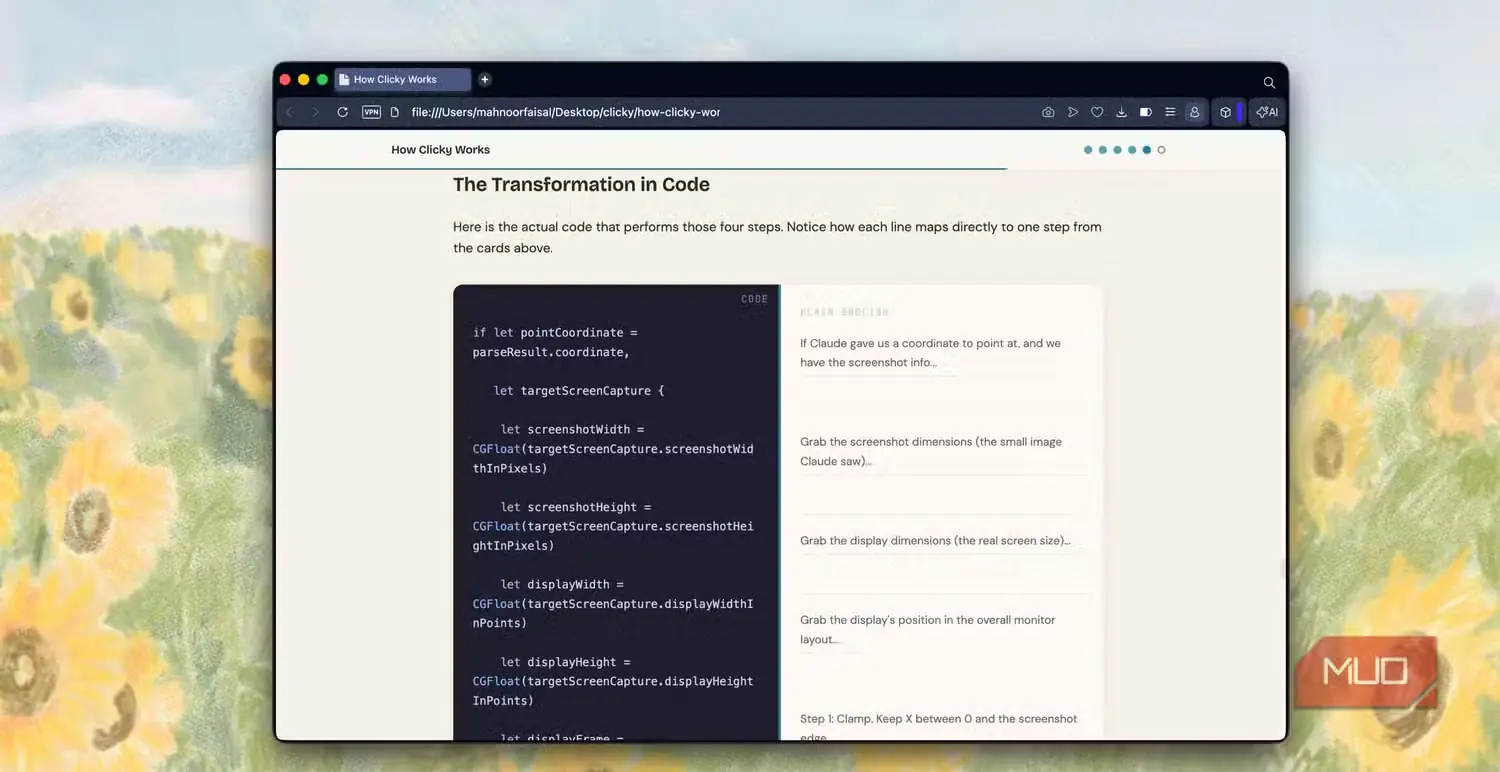 پنجرهٔ مرورگر و مستندات کدنویسی با عنوان «دگرگونی در کد»، شامل قطعهکد JavaScript در سمت چپ و توضیحات در سمت راست