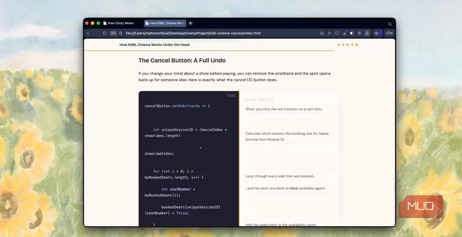 پنجرهٔ مرورگر و آموزش کدنویسی JavaScript دربارهٔ کارکرد دکمهٔ لغو، با پسزمینهٔ مزرعهٔ آفتابگردان