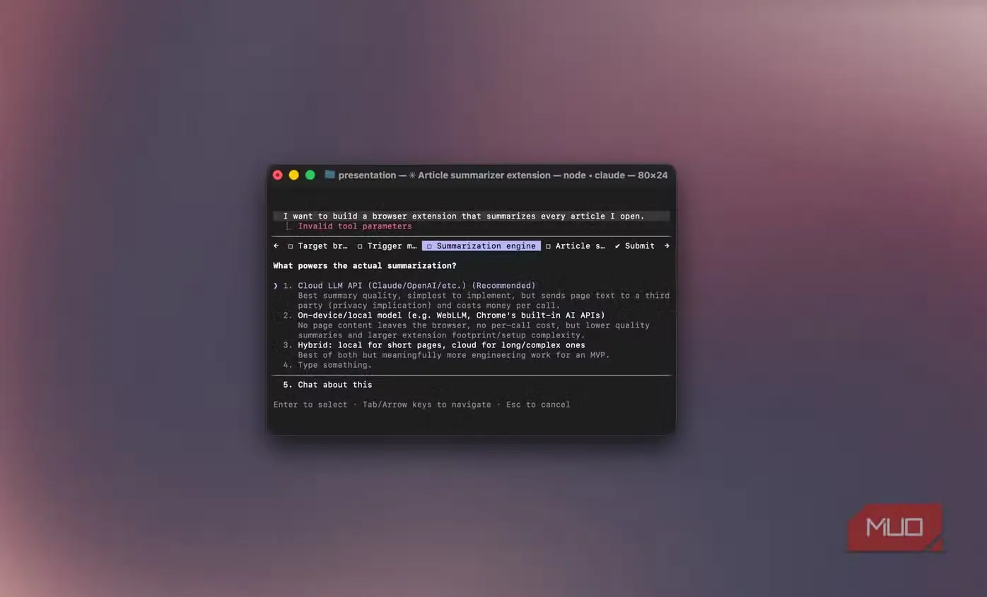 فرم Claude Code برای انتخاب نیروی محرک موتور خلاصهسازی