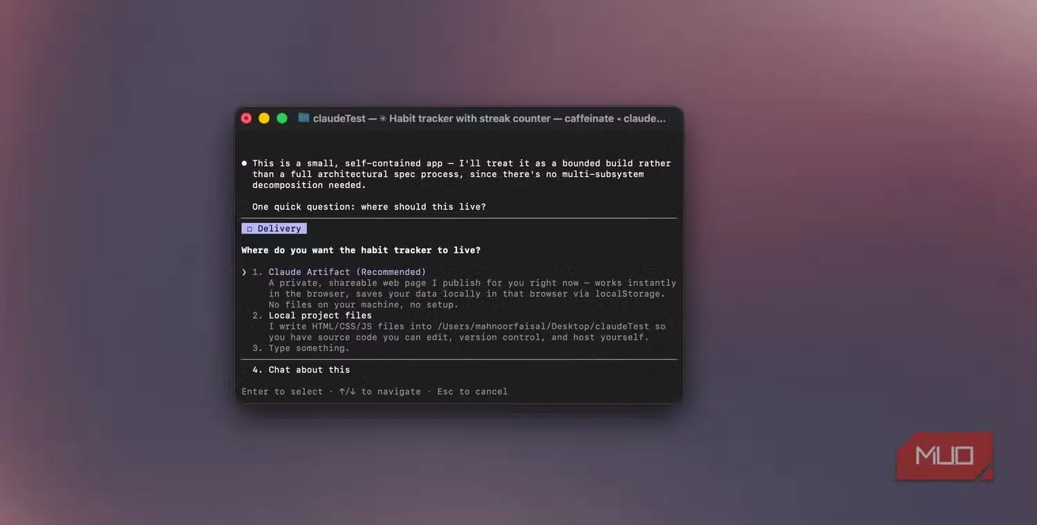 نمای پایانهٔ Claude Code با پرسشی دربارهٔ محل میزبانی پیگیر عادتها و انتخاب Artifact-1