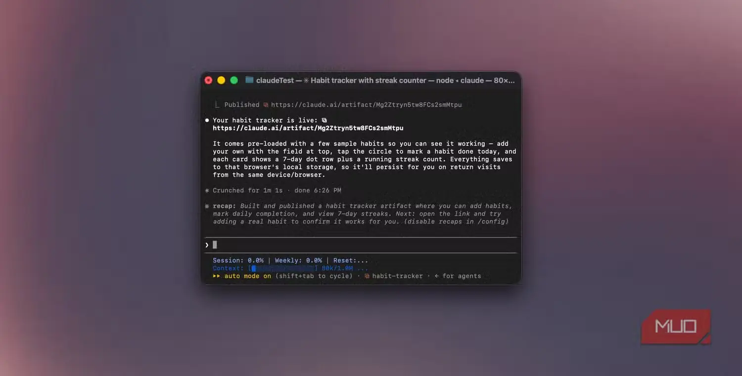 نمای پایانهٔ Claude Code با پیوند منتشرشدهٔ Artifact پیگیر عادتها و گزارش ساخت-1