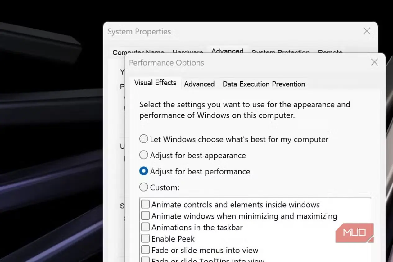 انتخاب گزینهٔ تنظیم برای بهترین عملکرد در Windows 11