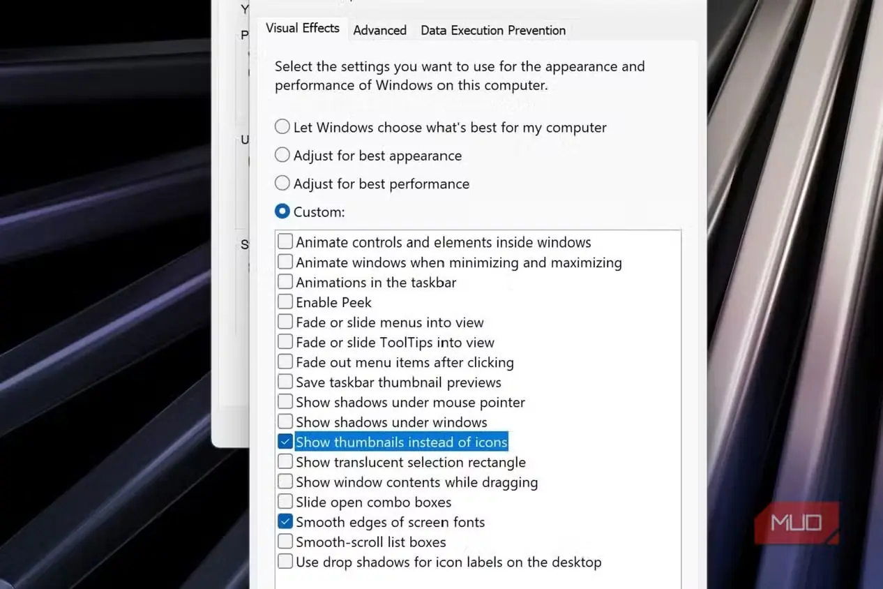 گزینههای سفارشی تنظیم عملکرد در Windows 11
