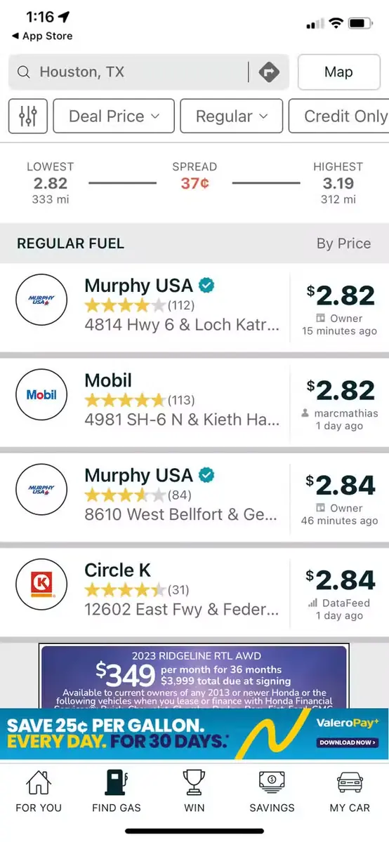 نمایش قیمت بنزین در برنامه GasBuddy