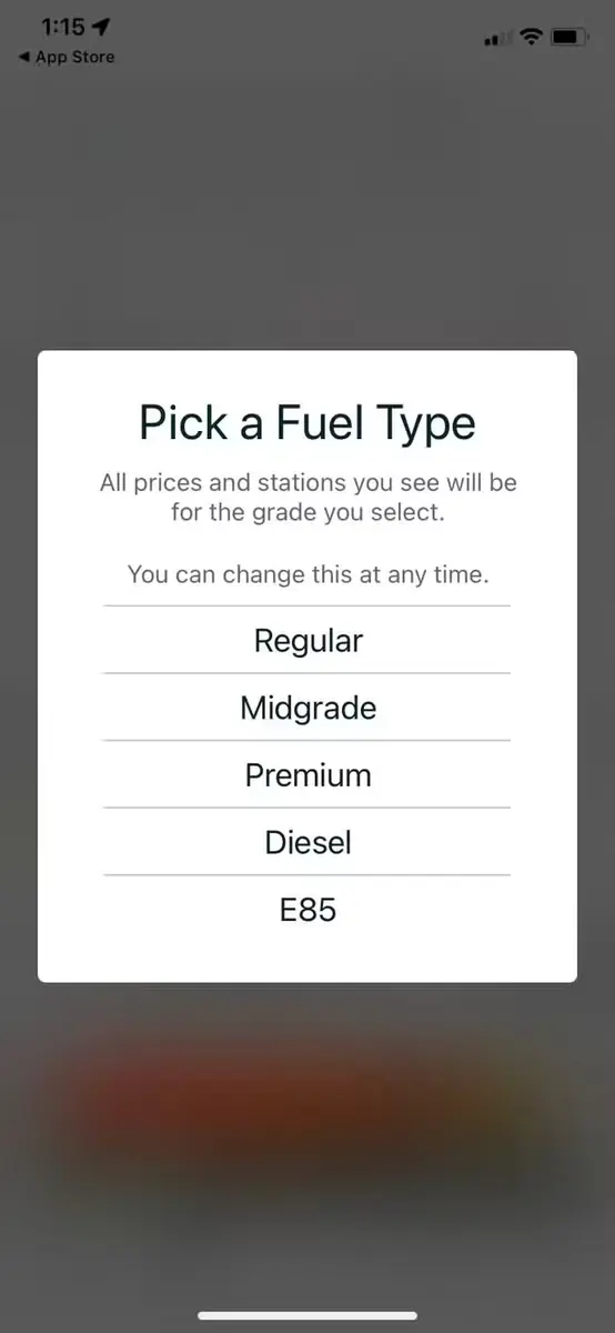 انتخاب نوع سوخت در برنامه GasBuddy
