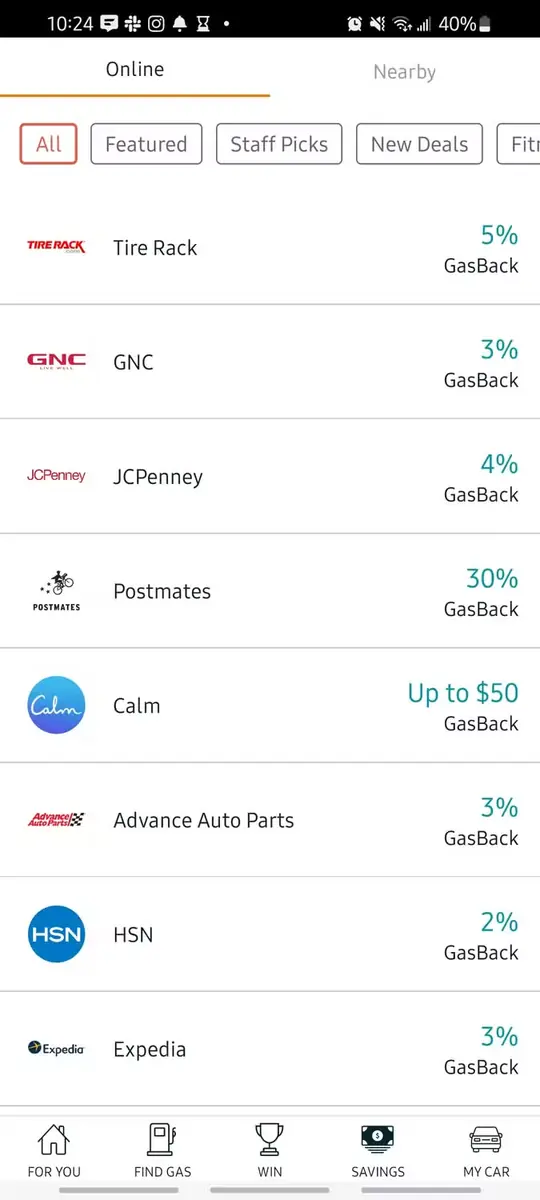 نمای زبانه صرفهجویی در برنامه GasBuddy