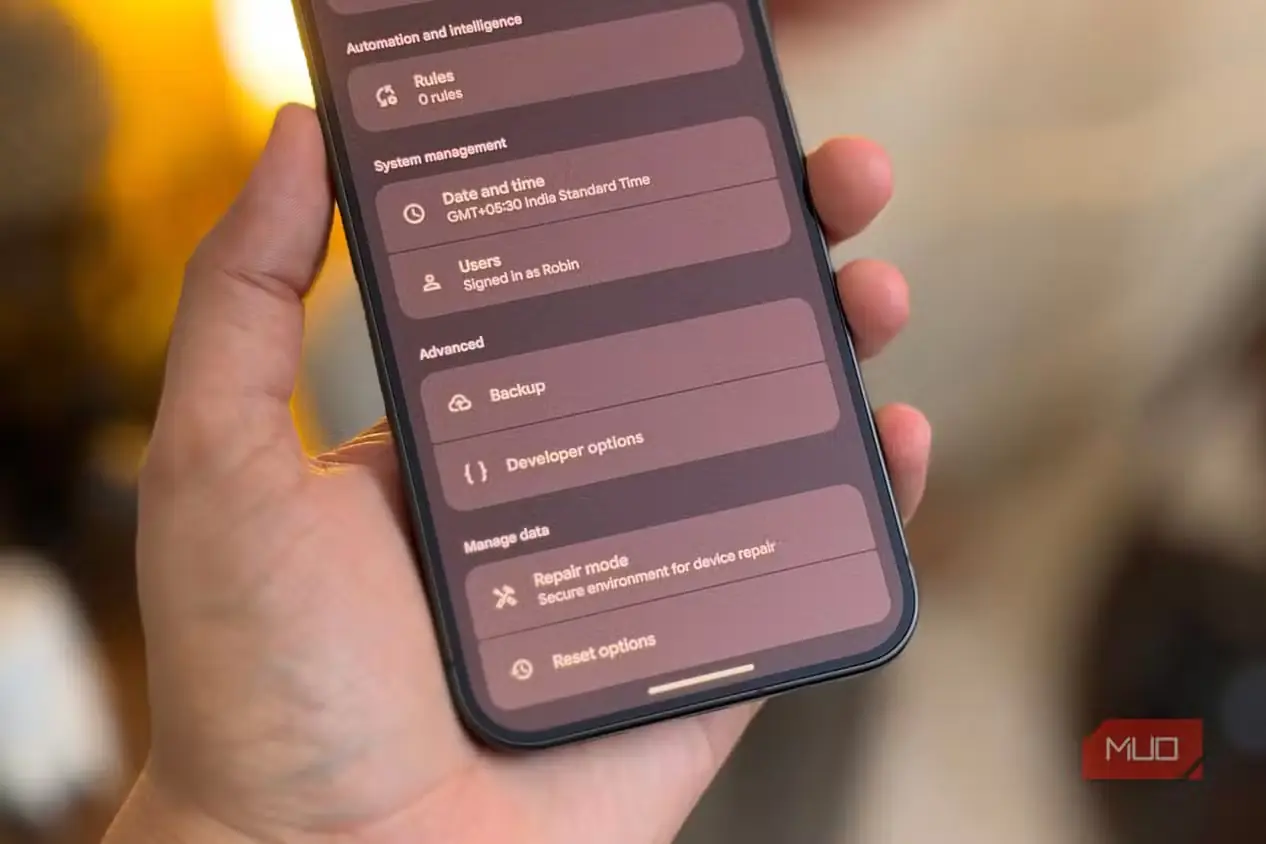 بخش گزینههای توسعهدهنده در برنامهٔ تنظیمات Pixel 11 Pro XL