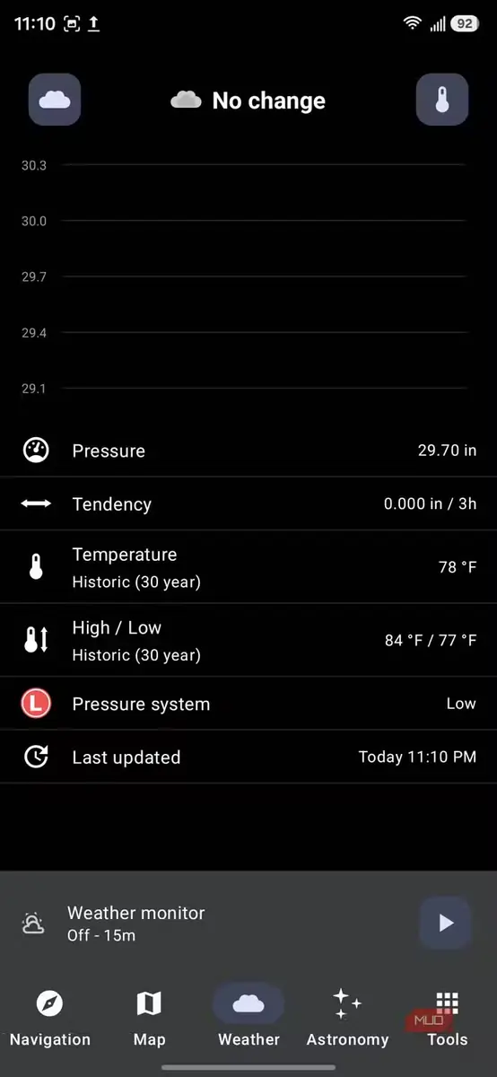 نمایشگر فشارسنج و پایش آبوهوا در Trail Sense