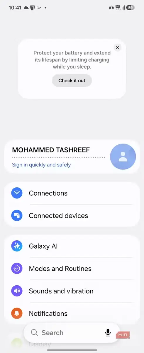 منوی تنظیمات Samsung Galaxy با محدودیت شارژ باتری و گزینههای حساب کاربری