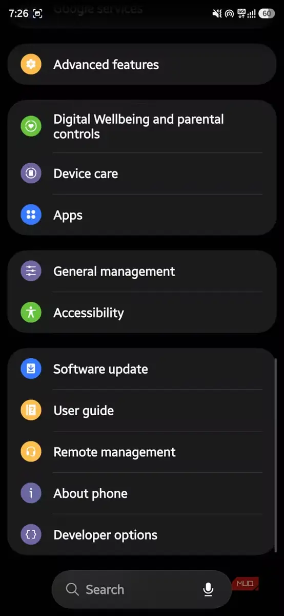 منوی تنظیمات گوشی Samsung Galaxy