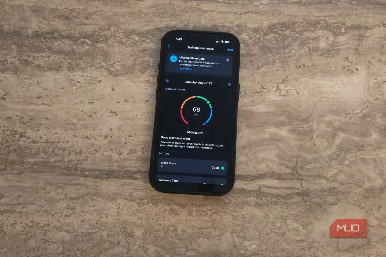 نمای برنامه Garmin با امتیاز آمادگی