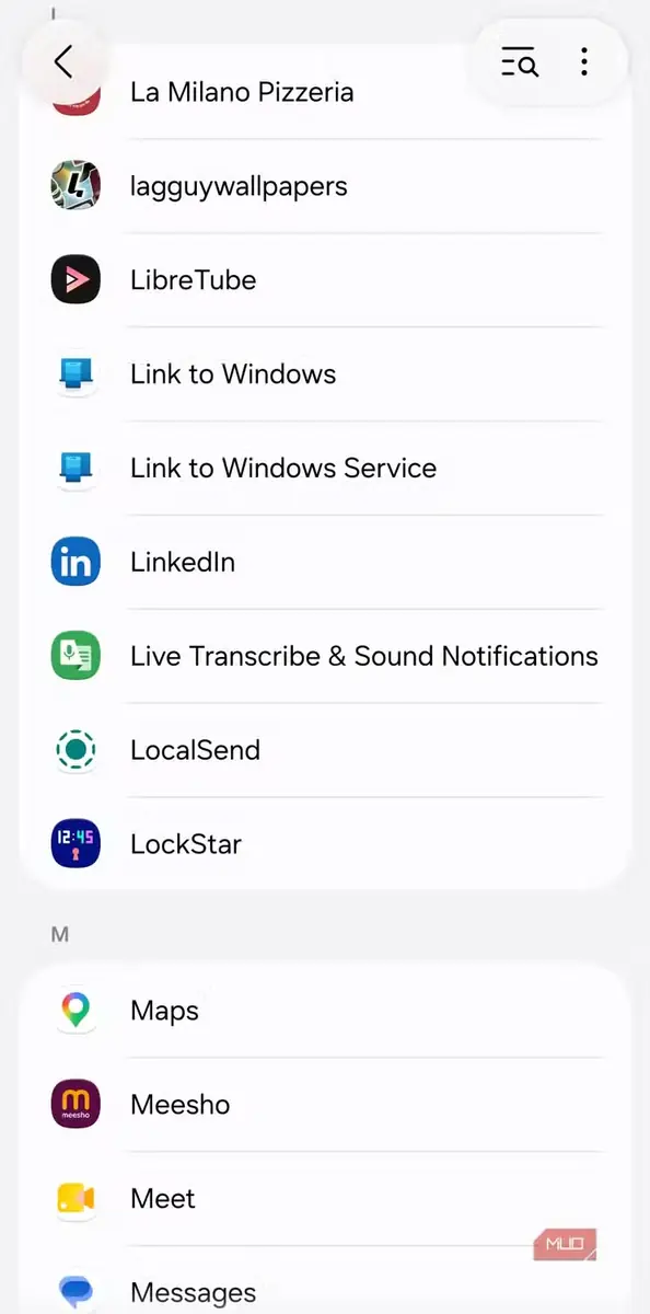 فهرست برنامهها در گوشی Android