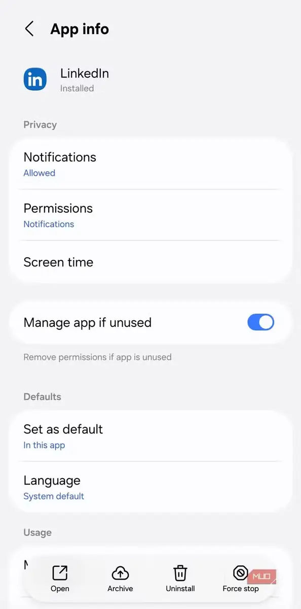 صفحه اطلاعات برنامه LinkedIn در Android