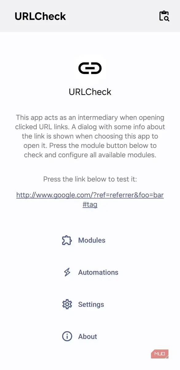 نمای برنامه URLCheck در گوشی اندرویدی
