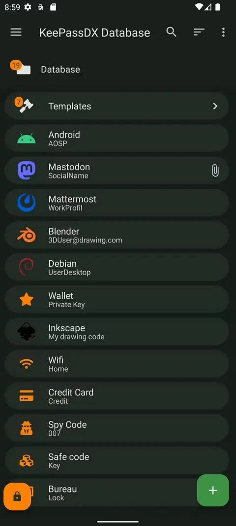 منوی پایگاه داده برنامه KeePassDX روی گوشی اندرویدی