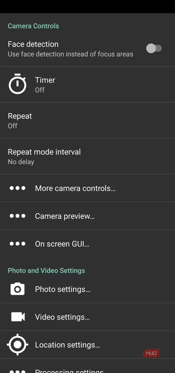 منوی تنظیمات برنامه Open Camera در اندروید
