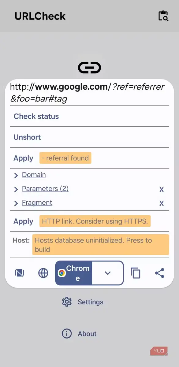 نمای پنجره بازشوی برنامه URLCheck در اندروید