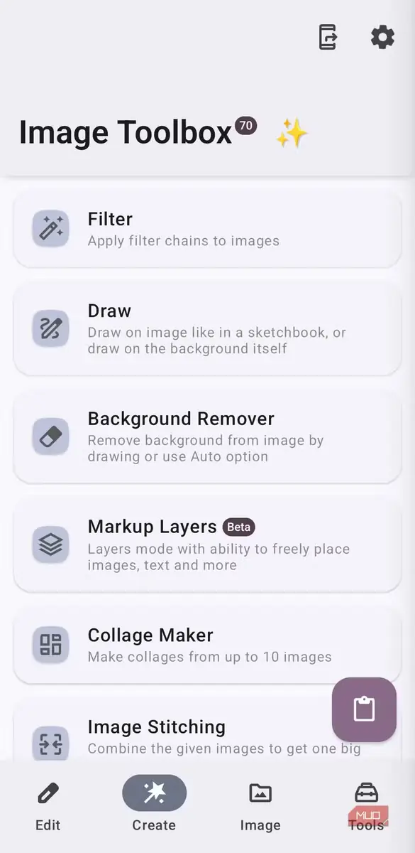 گزینههای ساخت تصویر در برنامه Image Toolbox برای اندروید