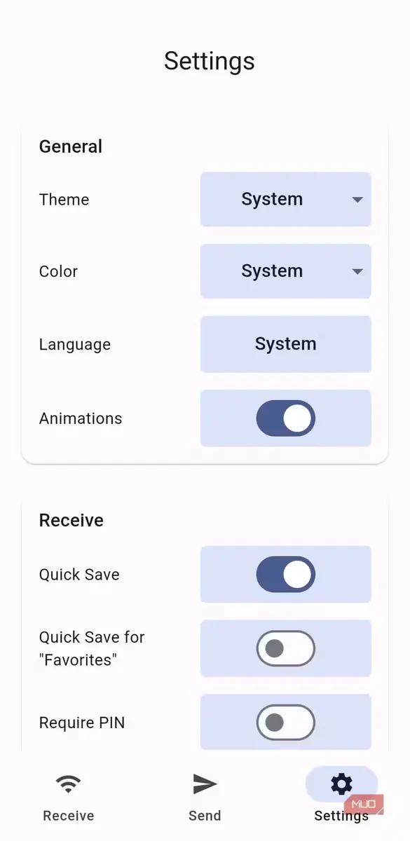 صفحه تنظیمات برنامه LocalSend در اندروید