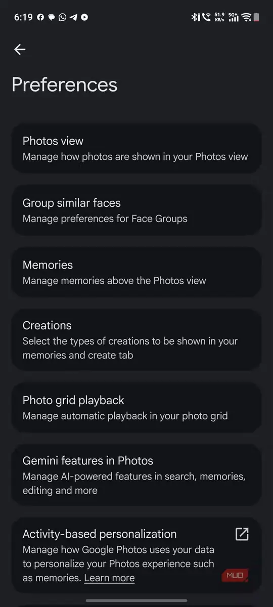 نمایی از تنظیمات ترجیحات در Google Photos