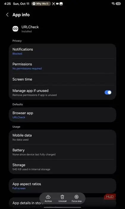 تنظیمات کنترل مجوزهای برنامهٔ URLCheck