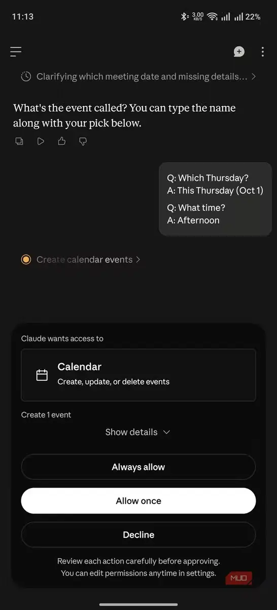 پیام درخواست مجوز برنامه Claude در Android برای دسترسی یکباره به تقویم و ساخت رویداد، همراه با دکمههای «فقط همین بار اجازه بده»، «همیشه اجازه بده» و «ردکردن»
