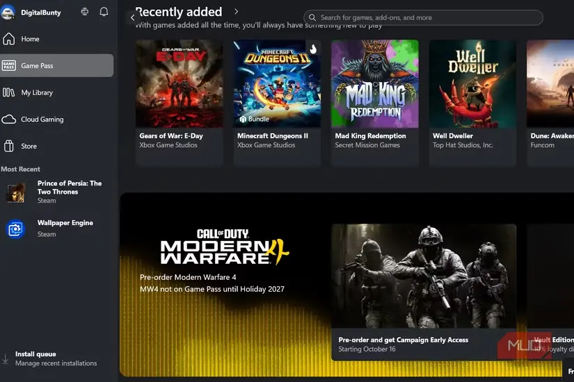 نمای برنامهٔ Xbox و بازیهای موجود در Xbox Game Pass