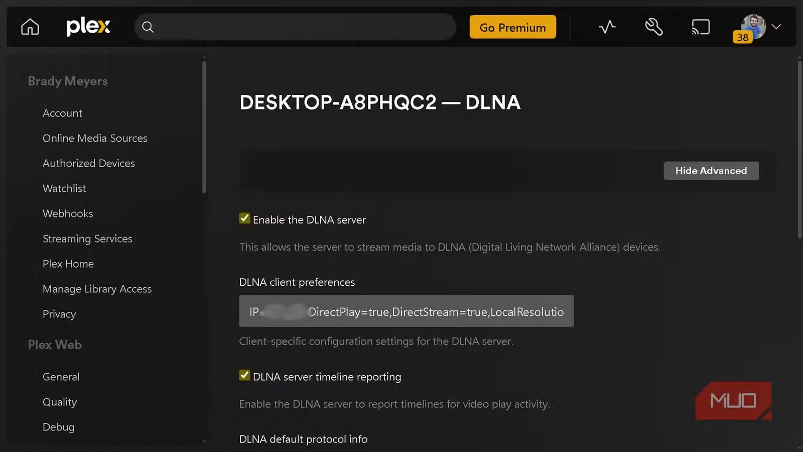 فعالکردن قابلیت سرور DLNA در تنظیمات درونبرنامهای Plex