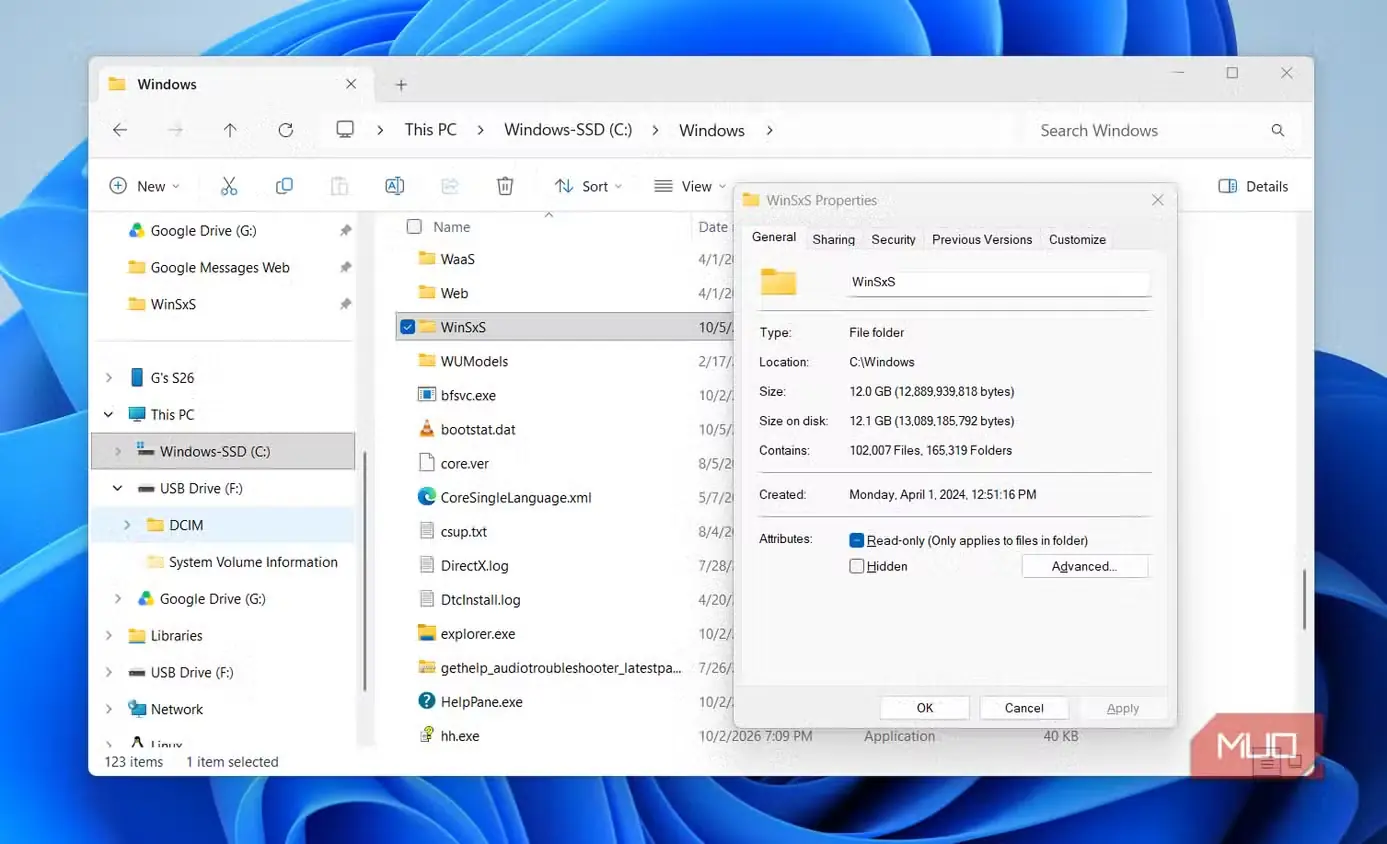 نمایش فضای ذخیرهسازی WinSxS در File Explorer