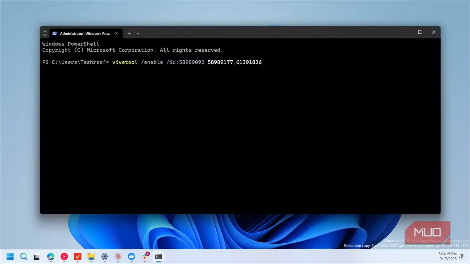 اجرای فرمان فعالسازی ViveTool در Windows PowerShell با دسترسی مدیر روی Asus Vivobook S 14 Flip