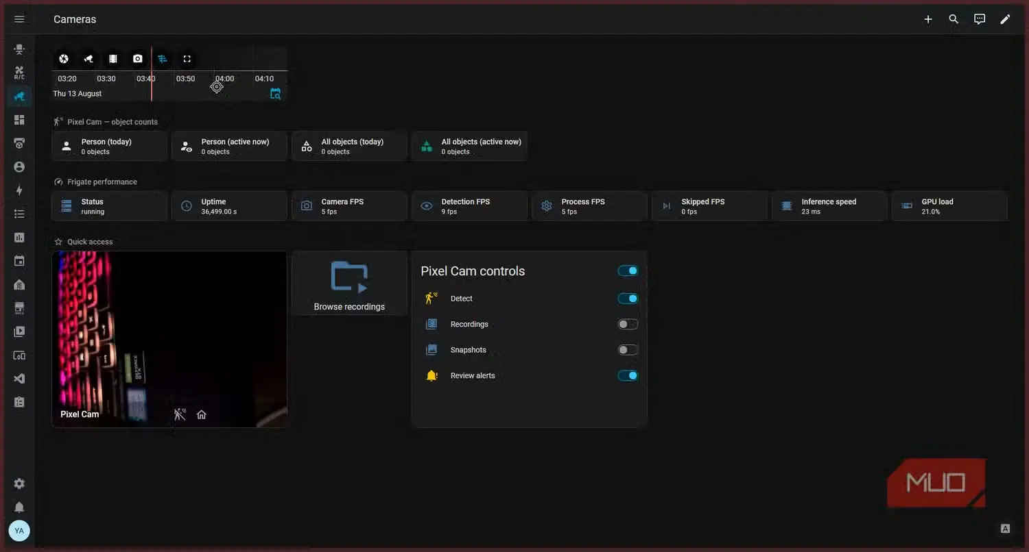 داشبورد Home Assistant با نمای خط زمانی Frigate