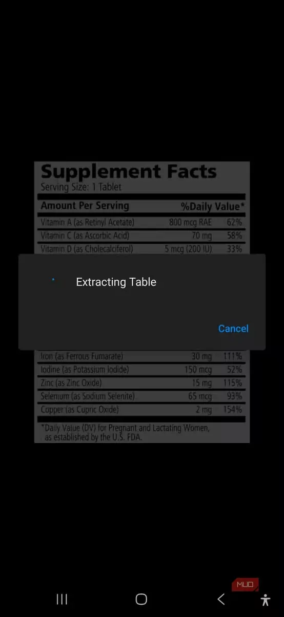 پیام استخراج متن روی تصویر در حال ورود به Excel موبایل