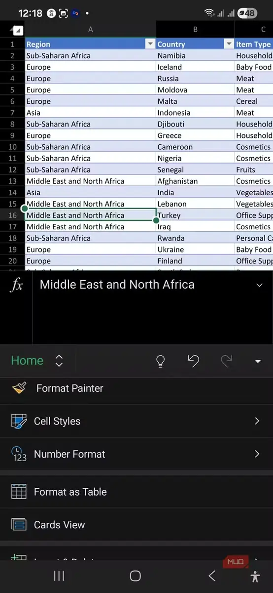 نوار صفحه اصلی Excel در گوشی