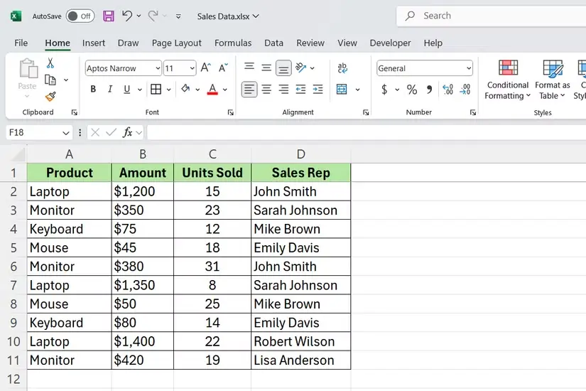 دادههای فروش لوازم جانبی رایانه در Excel