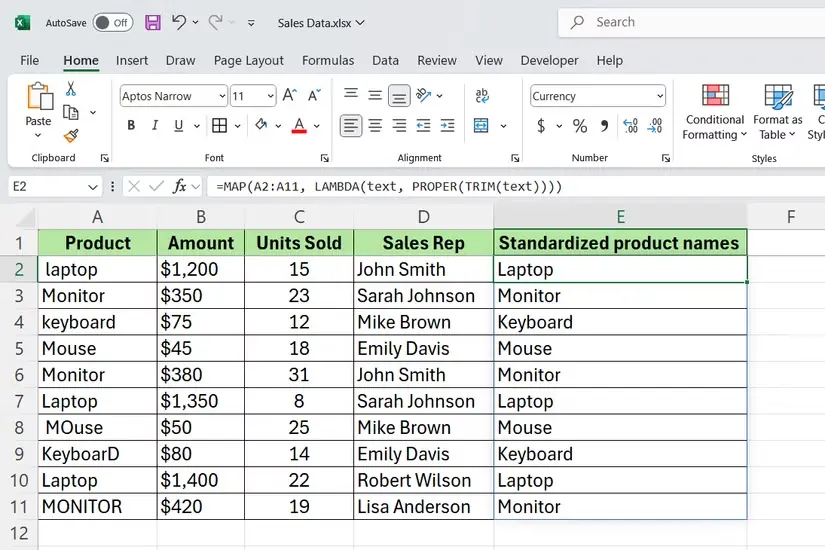 نامهای یکدستشدهٔ محصولات در Excel با توابع MAP، LAMBDA و PROPER