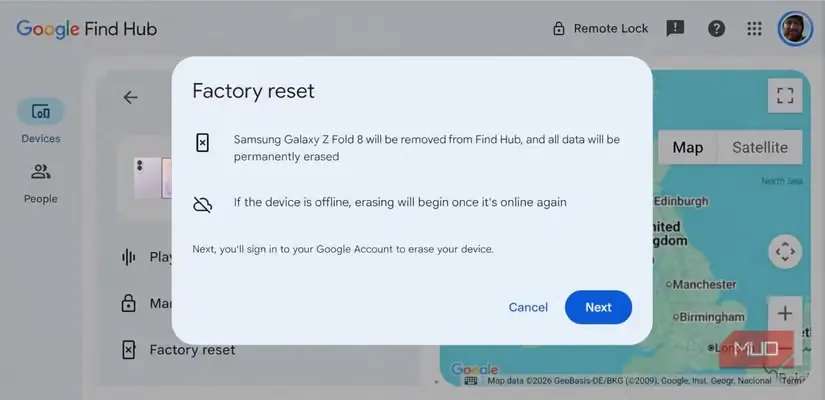 نمای Find Hub گوگل برای گوشی Samsung Galaxy Z Fold 8