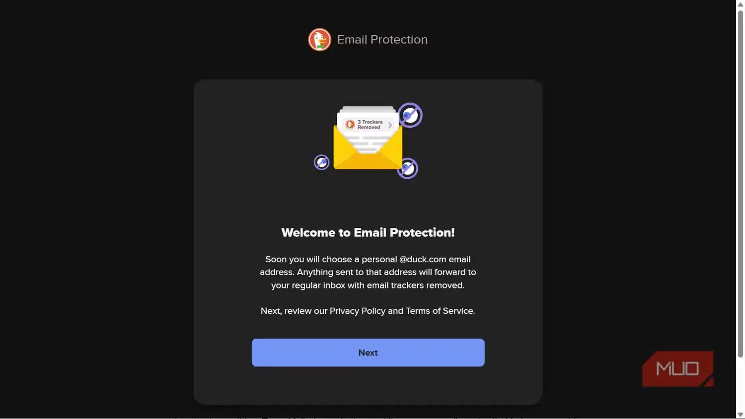 صفحه خوشامدگویی راهاندازی محافظت ایمیل DuckDuckGo