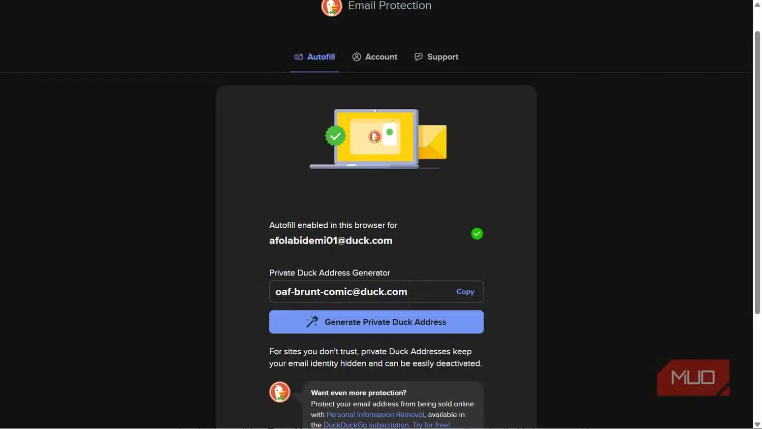 صفحه تنظیمات محافظت ایمیل و تکمیل خودکار DuckDuckGo