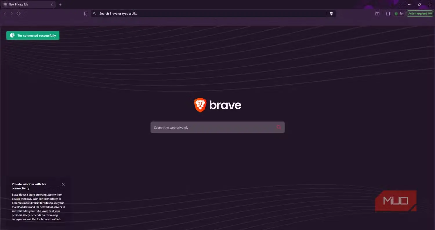 مرورگر Brave در حال نمایش پنجره خصوصی جدید با گزینه Tor