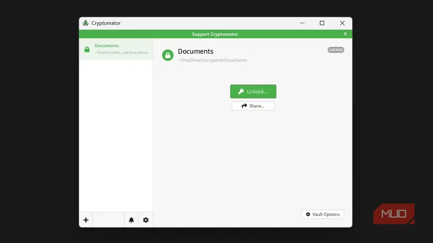 پنجره گاوصندوق Cryptomator با گزینه باز کردن قفل